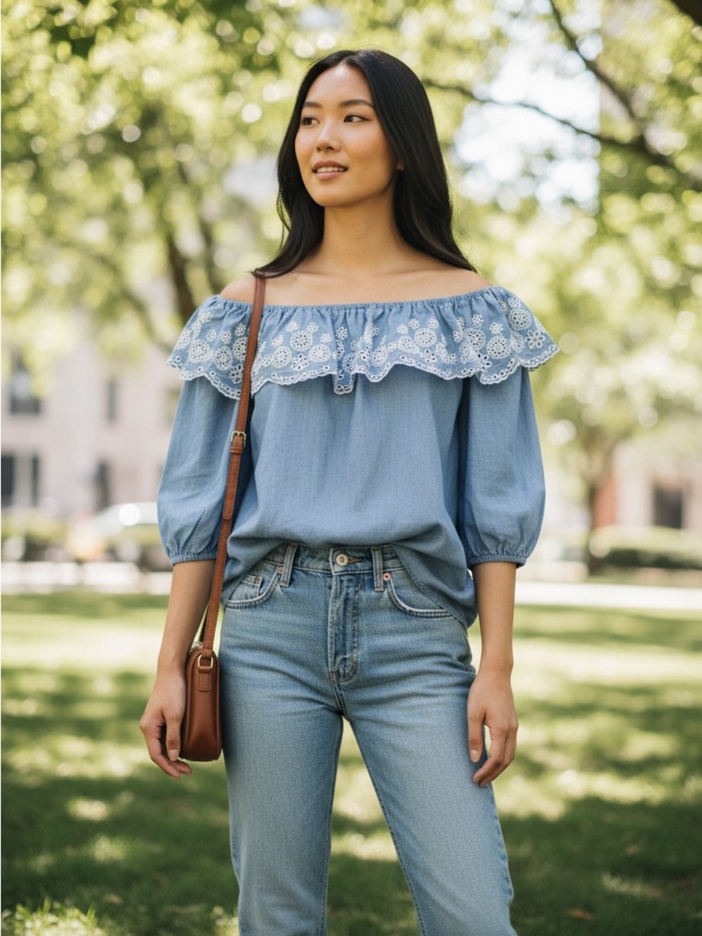 Time and Tru Light Blue Off-Shoulder Chambray Top with White Lace Ruffle